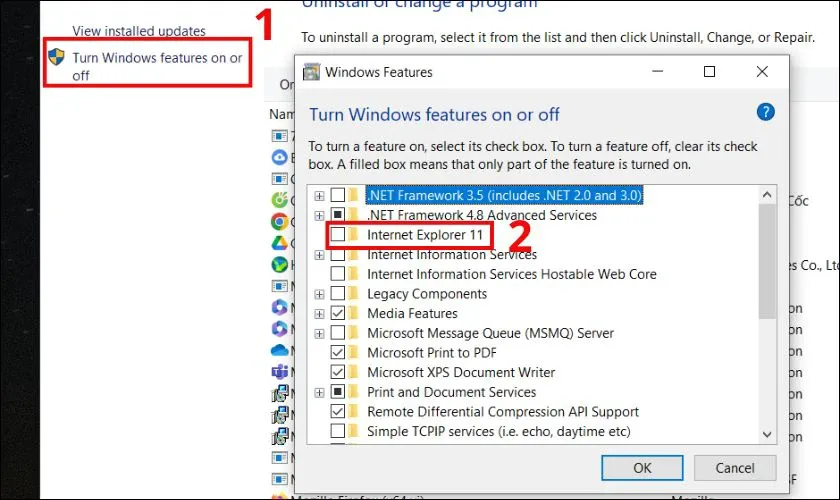 Bỏ chọn Internet Explorer trong Windows Features