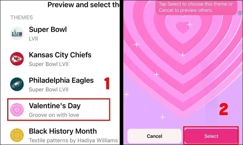 Chọn chủ đề Valentine's Day và nhấn Chọn
