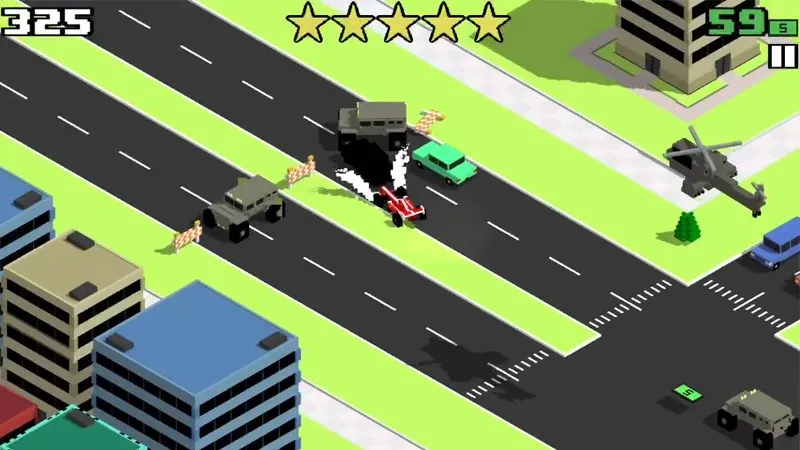 Đồ họa voxel chi tiết thể hiện môi trường thành phố và xe cộ trong Smashy Road Wanted