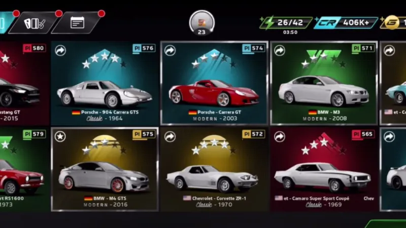 Giao diện bộ sưu tập siêu xe đa dạng trong game Forza Street