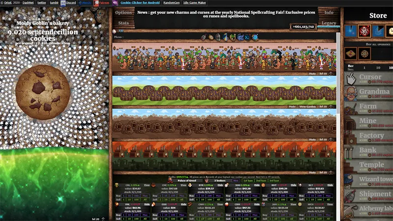 Giao diện chính của Cookie Clicker với đồ họa pixel