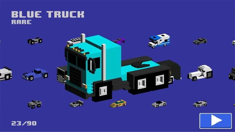 Giao diện chọn xe đa dạng với nhiều mẫu xe voxel trong Smashy Road Wanted