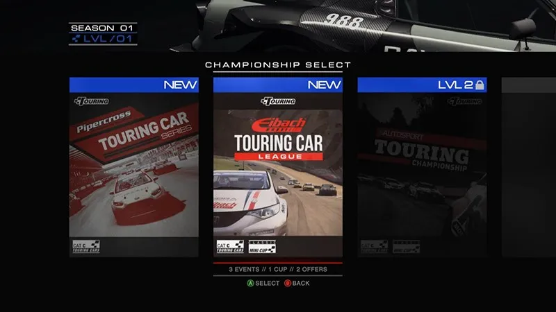 Giao diện lựa chọn các giải đua xe phong phú trong Grid Autosport