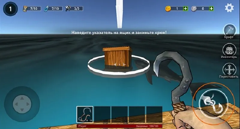 Hình ảnh người chơi dùng móc câu thu thập tài nguyên trôi nổi trên biển trong Raft Survival