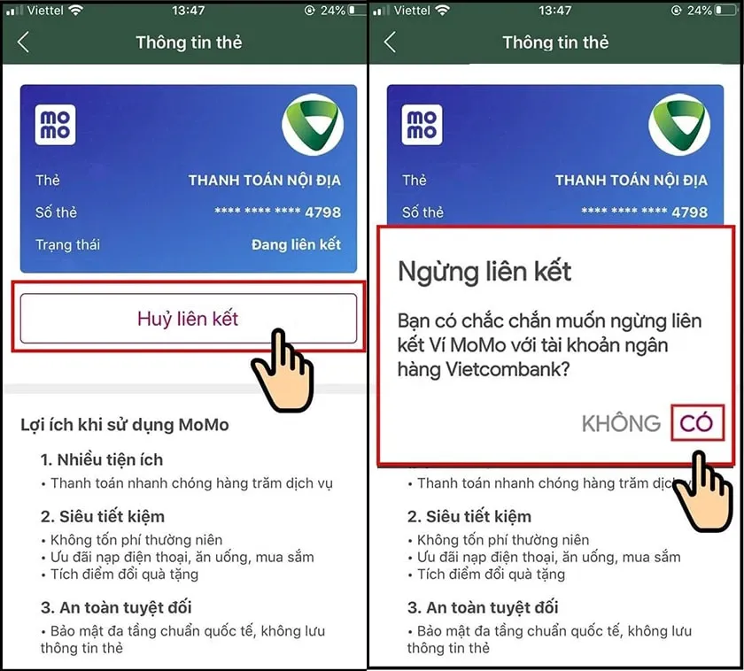 Hủy liên kết ngân hàng trước khi xóa Momo