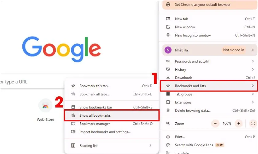 Mở menu Dấu trang và danh sách trong Chrome để hiển thị thanh dấu trang