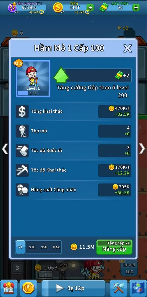 Nâng cấp hệ thống trong Idle Miner Tycoon