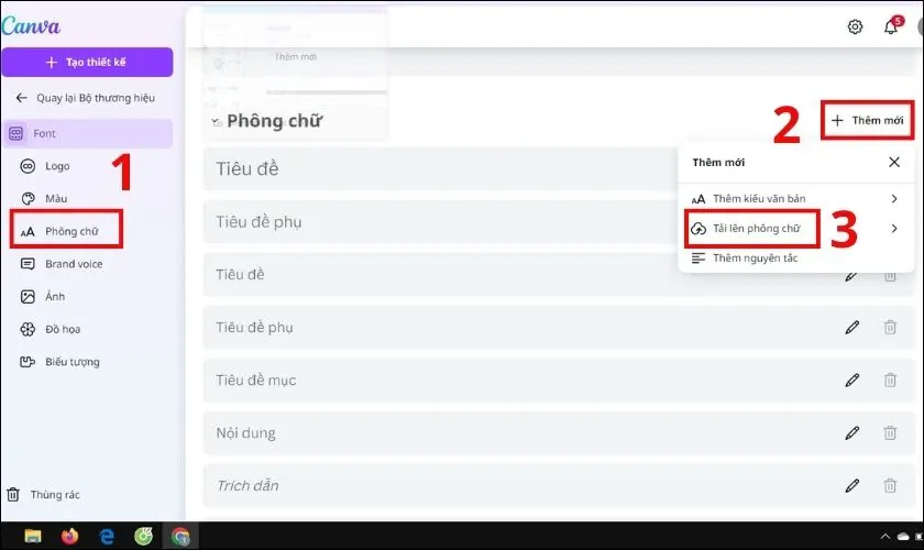 Nhấn nút Tải lên phông chữ trong Bộ thương hiệu Canva