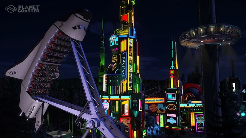 Toàn cảnh công viên Planet Coaster đầy màu sắc