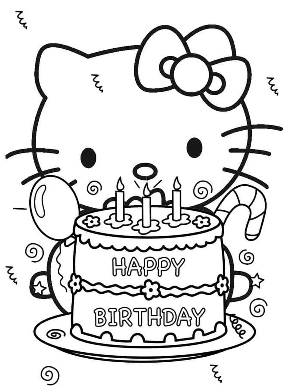 Tranh tô màu Hello Kitty đáng yêu bên bánh kem